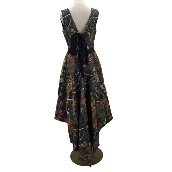 FORMAL PARTY SZ 14 1x plus blad brown camo lace up hi-low maxi dresss NEW B96 - Picture 2 of 8